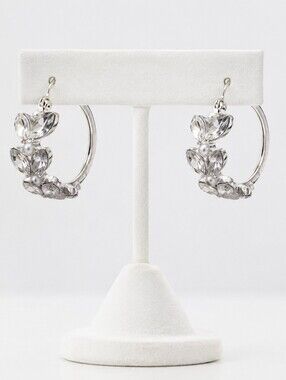 Silver Tone Crystal Floral Hoop Earrings Sparkly Rhinestone Statement